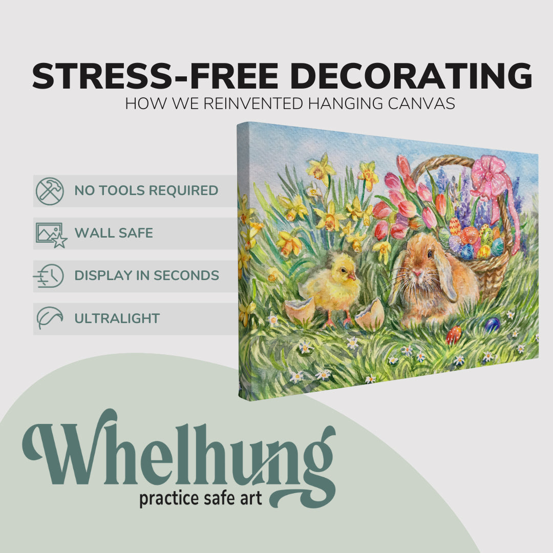 single, 2:3 vertical easy to hang canvas print on a graphic displaying the stress-free decorating Whelhung offers, how we reinvented hanging canvas: "no tools required", "wall safe"", "display in seconds" and "ultralight."