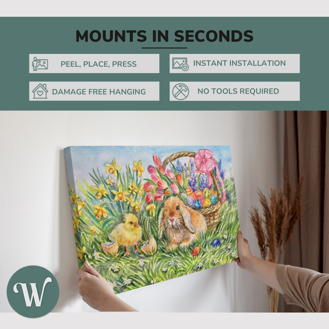 graphic showing hanging a single 2:3 vertical 20x30 inch easy to hang canvas showing how easy it is to hang. Mounts in seconds, "peel, place, press", "instant installation", "damage free hanging" and "no tools required."