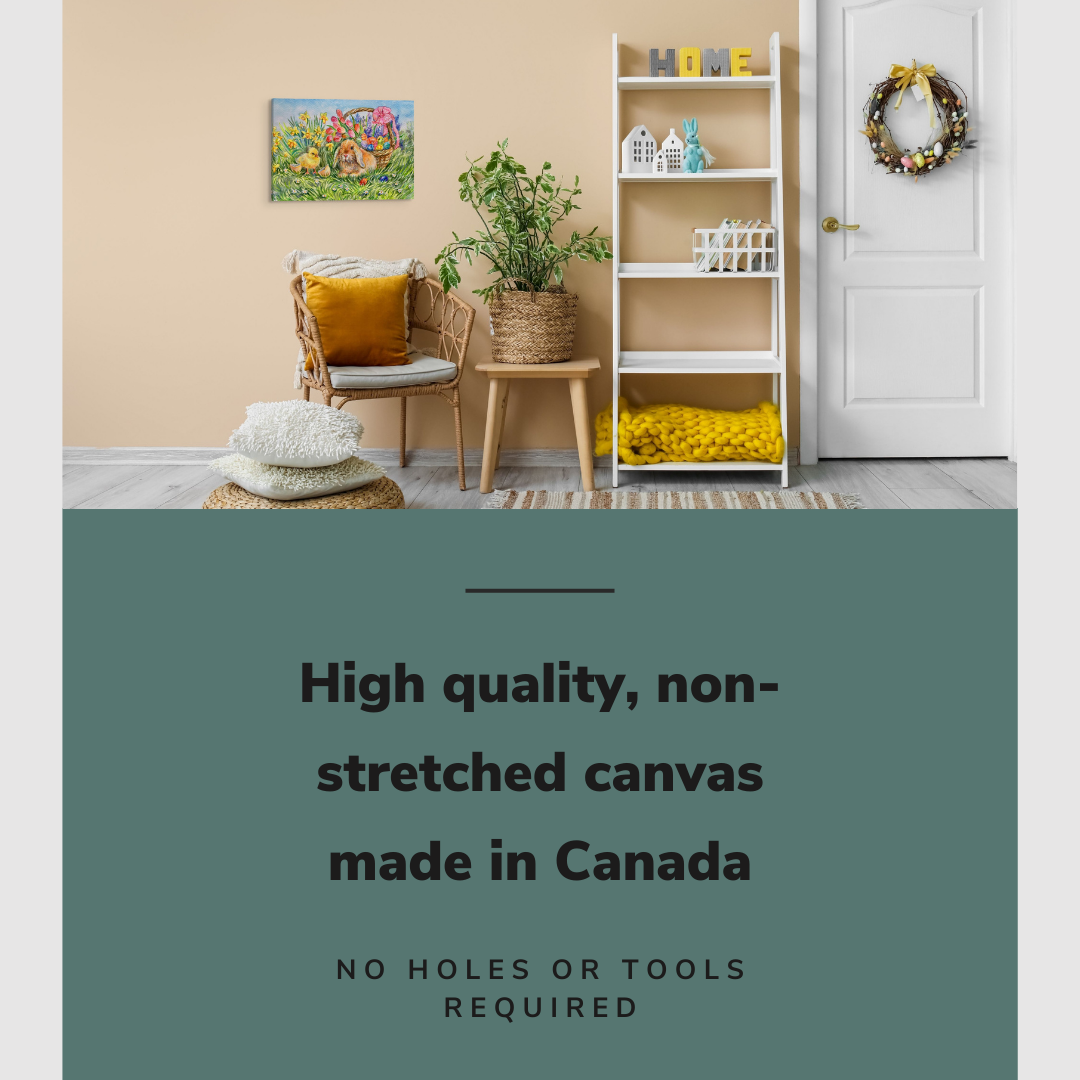 Lifestyle image of the vertical, 12x18 inch easy to hang canvas wall art hung in hung over in a easter decorated living room over an accent chair beside the front door with graphic saying "High quality, non-stretched canvas made in Canada"