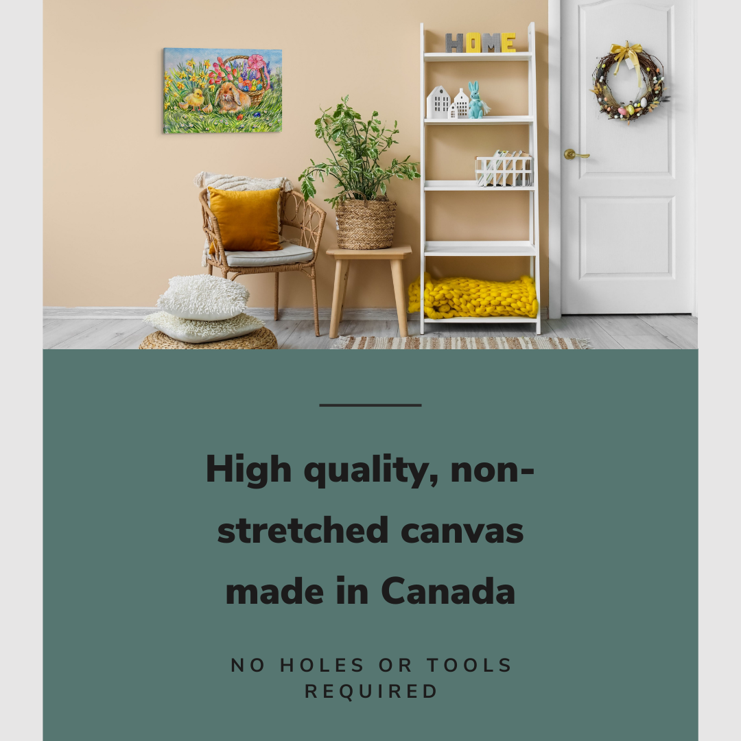 Lifestyle image of the vertical, 16x24 inch easy to hang canvas wall art hung in hung over in a easter decorated living room over an accent chair beside the front door with graphic saying "High quality, non-stretched canvas made in Canada"