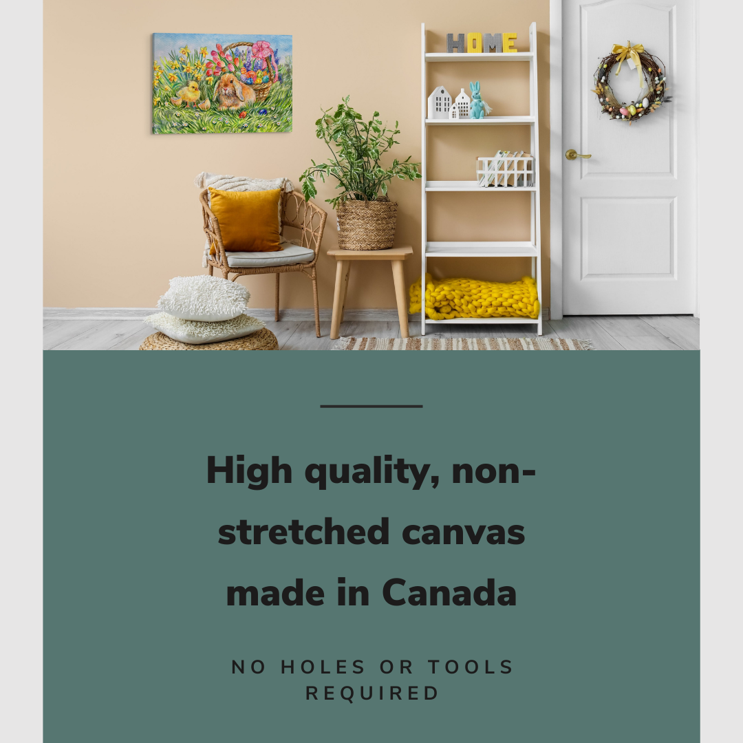 Lifestyle image of the vertical, 20x30 inch easy to hang canvas wall art hung in hung over in a easter decorated living room over an accent chair beside the front door with graphic saying "High quality, non-stretched canvas made in Canada"