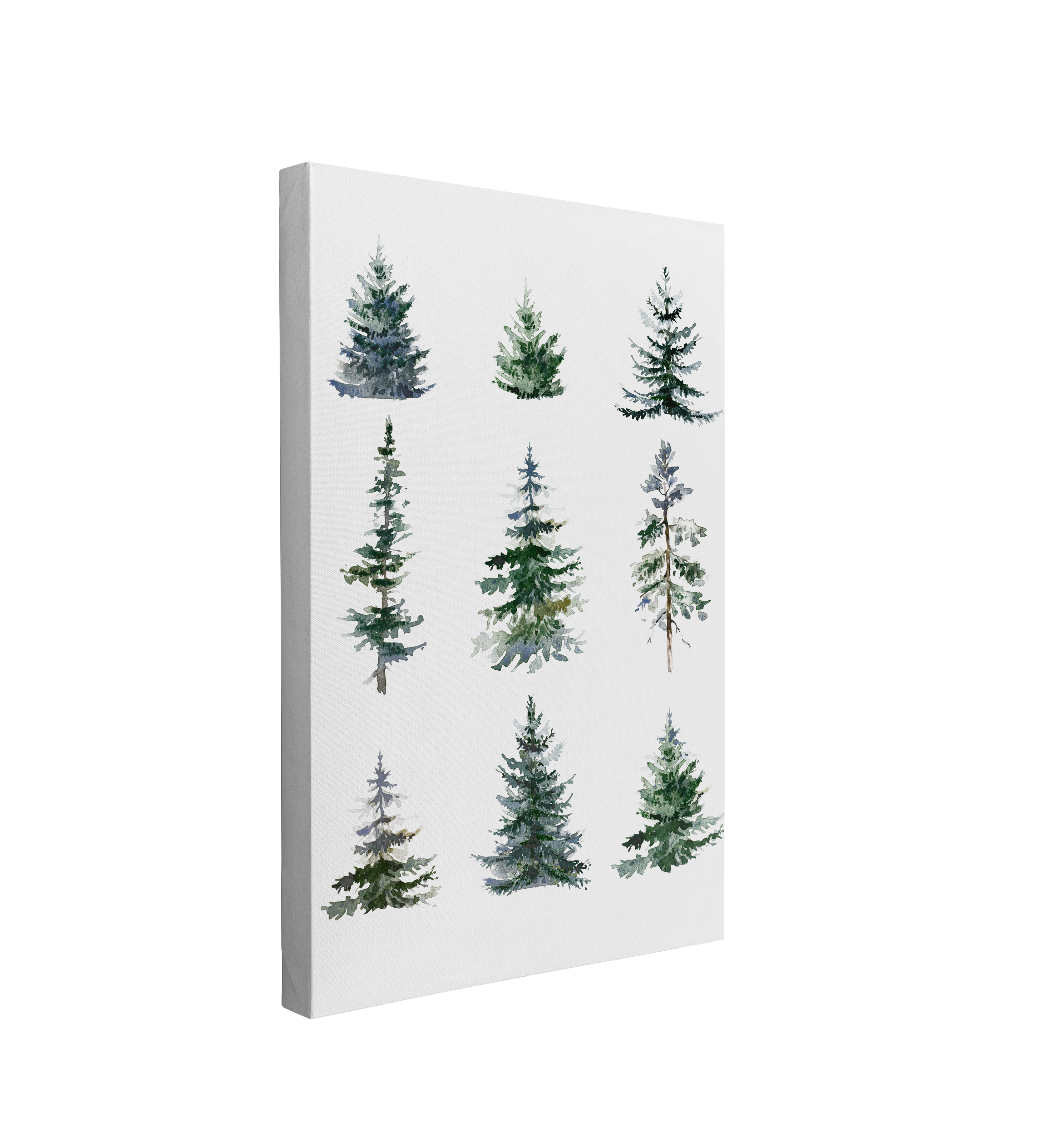 single, 2:3 vertical easy to hang canvas print on a transparent background featuring an image of Nine little fir trees painted in watercolor, lined up in three rows of three on a light grey background