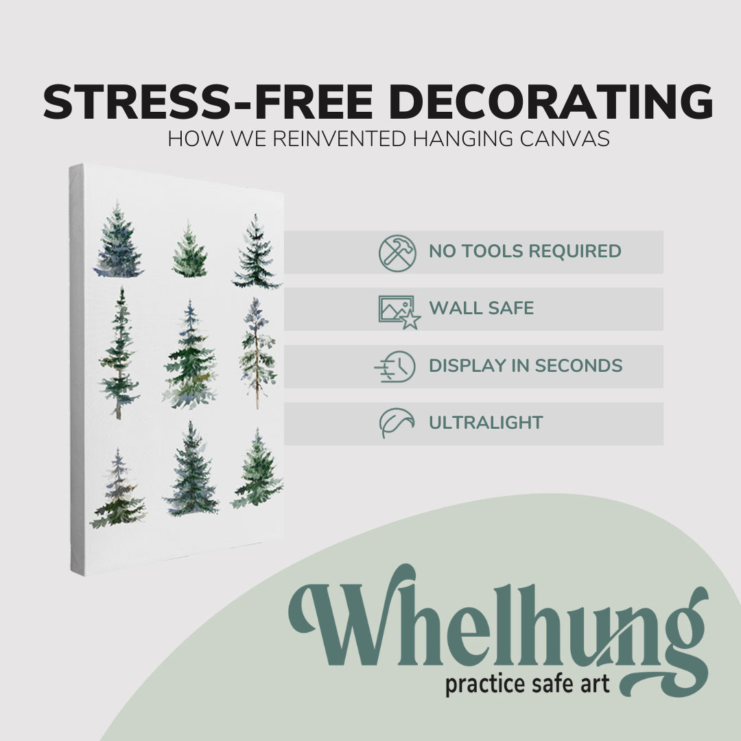 single, 2:3 vertical easy to hang canvas print on a graphic displaying the stress-free decorating Whelhung offers, how we reinvented hanging canvas: "no tools required", "wall safe"", "display in seconds" and "ultralight."