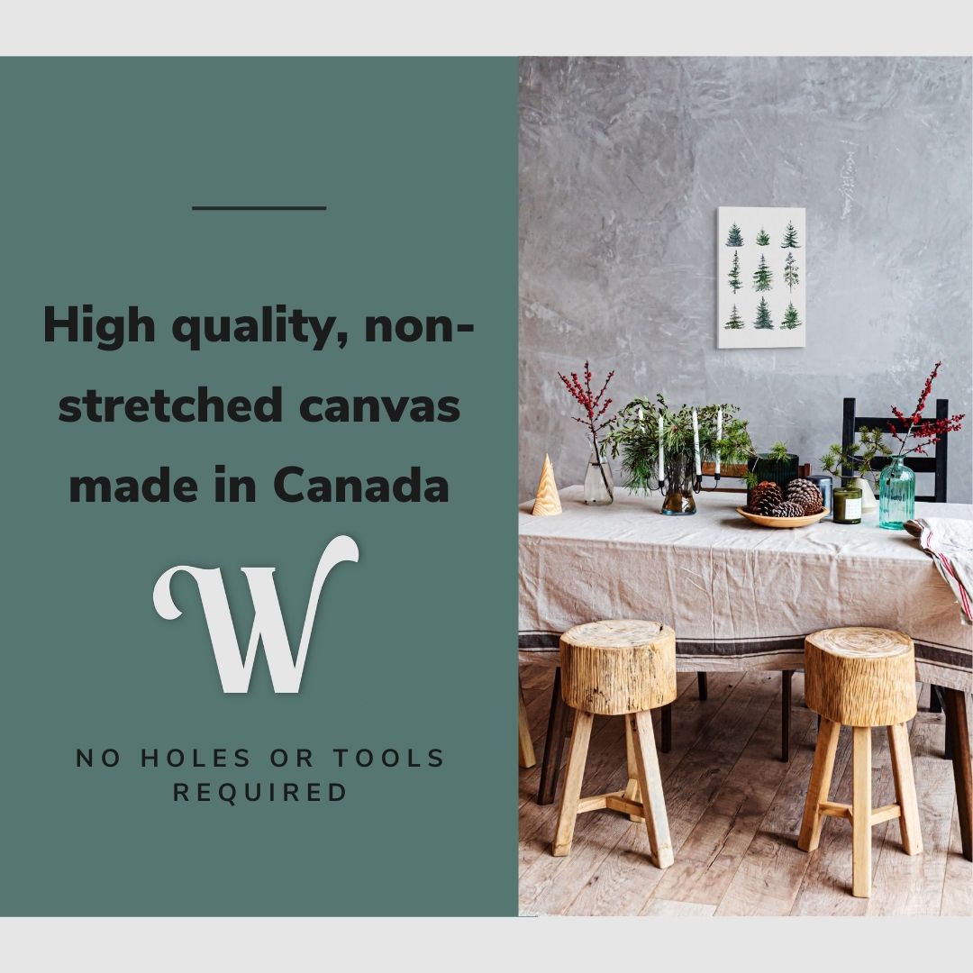Lifestyle image of the vertical, 12x18 inch easy to hang canvas wall art hung in in a christmas decorated dining room above the dining table with graphic saying "High quality, non-stretched canvas made in Canada"