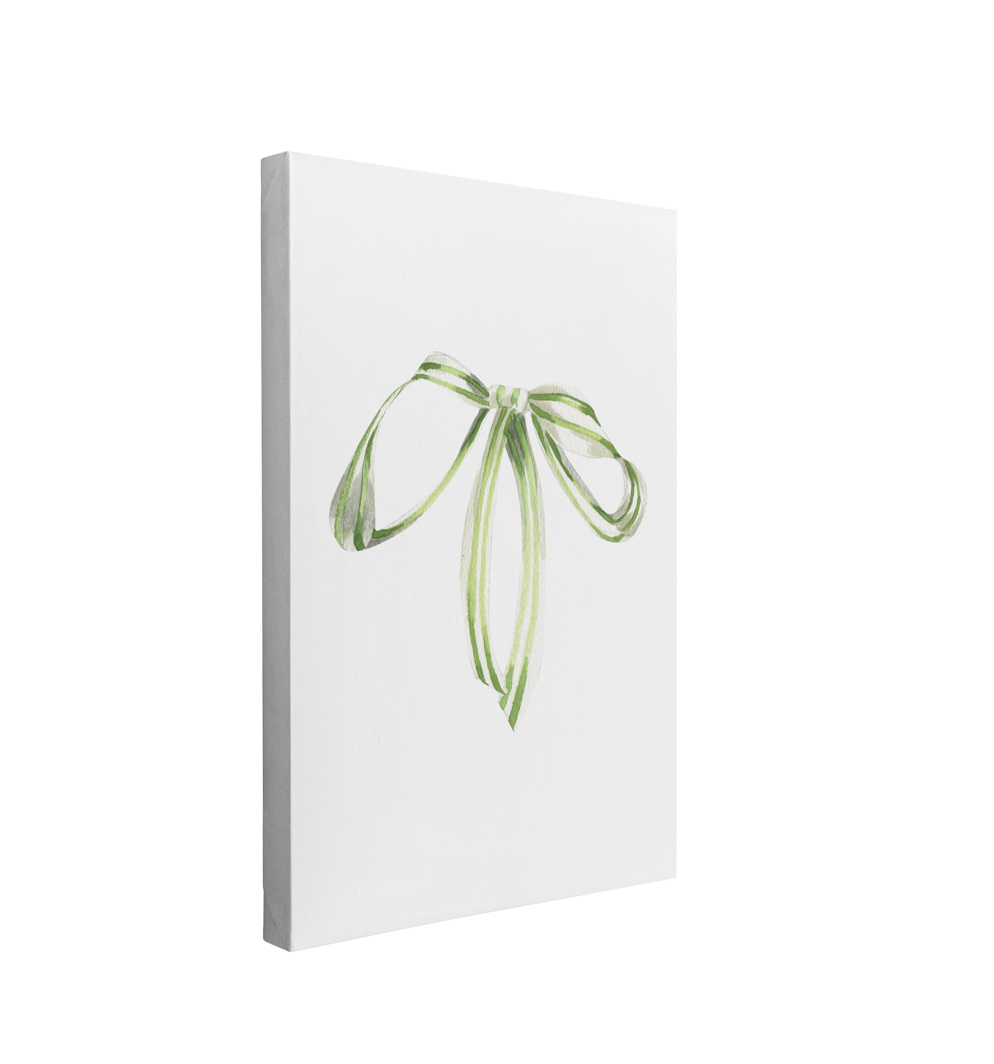 single, 2:3 vertical easy to hang canvas print on a transparent background featuring an image of a minimalist watercolor painting of a green and white striped ribbon on a light grey background