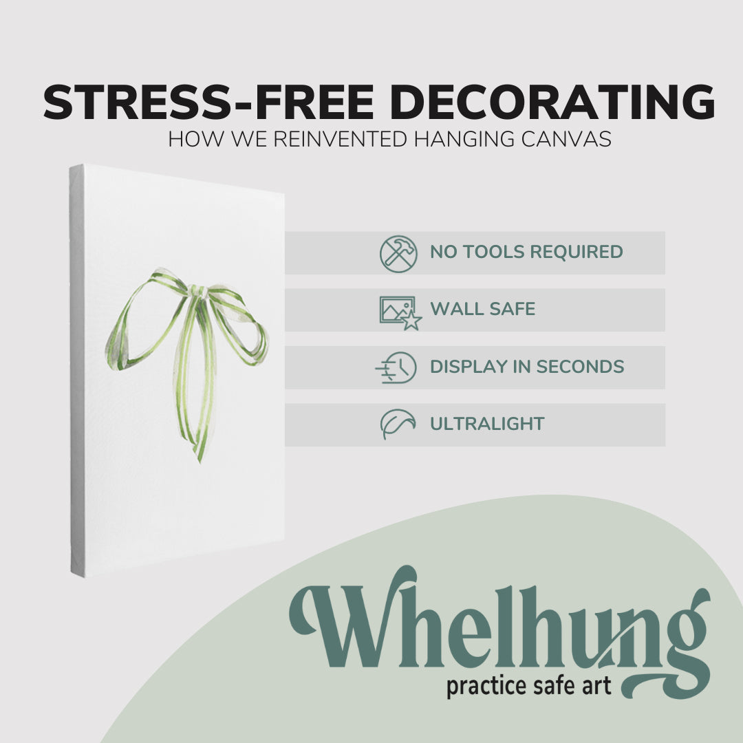 single, 2:3 vertical easy to hang canvas print on a graphic displaying the stress-free decorating Whelhung offers, how we reinvented hanging canvas: "no tools required", "wall safe"", "display in seconds" and "ultralight."