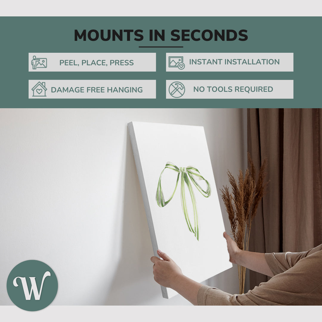 graphic showing hanging a single 2:3 vertical 20x30 inch easy to hang canvas showing how easy it is to hang. Mounts in seconds, "peel, place, press", "instant installation", "damage free hanging" and "no tools required."