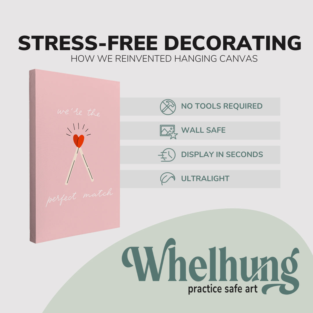 single, 2:3 vertical easy to hang canvas print on a graphic displaying the stress-free decorating Whelhung offers, how we reinvented hanging canvas: "no tools required", "wall safe"", "display in seconds" and "ultralight."