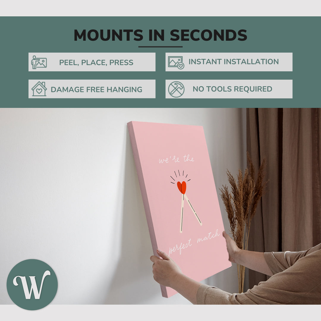 graphic showing hanging a single 2:3 vertical 20x30 inch easy to hang canvas showing how easy it is to hang. Mounts in seconds, "peel, place, press", "instant installation", "damage free hanging" and "no tools required."