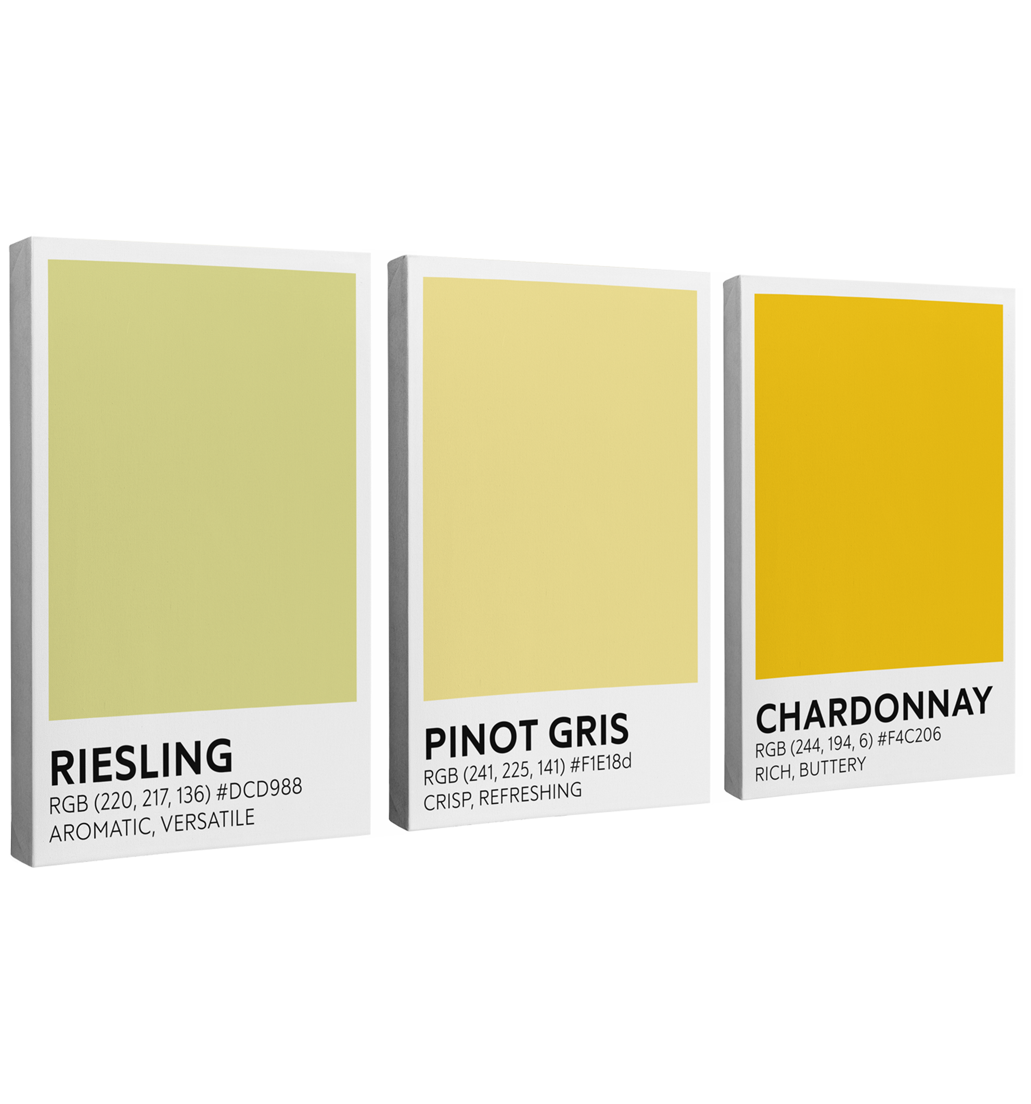 single, 2:3 vertical easy to hang canvas print on a transparent background featuring an image of three different shades of yellow color swatches labeled "Riesling", "Pinot Gris" and "Chardonnay" with the RBG code and short taste descriptions