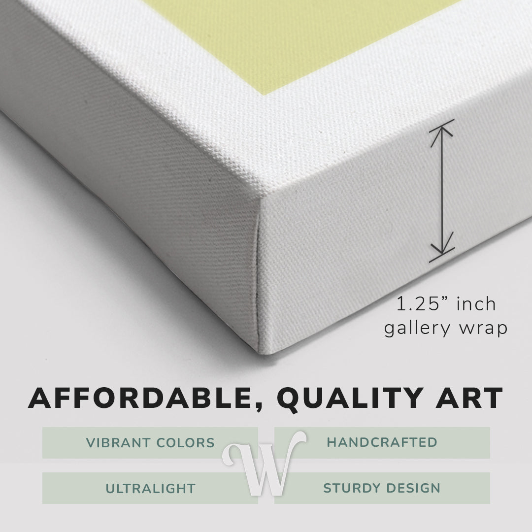 Corner shot of a Whelhung easy to hang canvas print showing the 1.25" inch gallery wrap thickness and graphic saying "Affordable, Quality Art", "Vibrant Colors", "Handcrafted", "Ultralight" and "Sturdy Design."