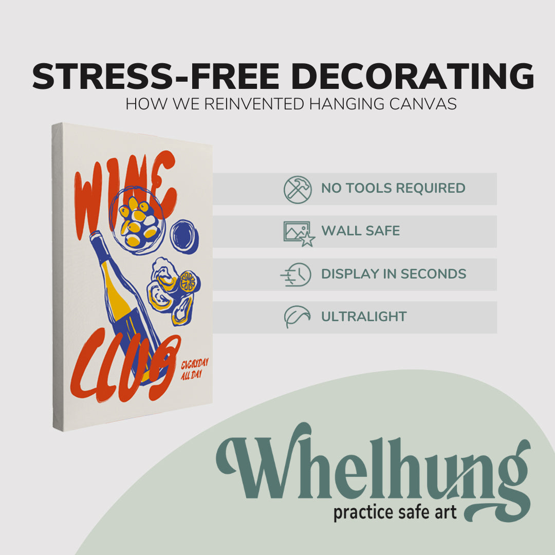 Single, 2:3 ratio vertical easy to hang canvas prints on a graphic displaying the stress-free decorating Whelhung offers, how we reinvented hanging canvas: "no tools required", "wall safe", "display in seconds" and "ultralight."
