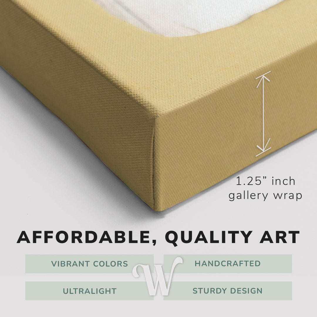 Corner shot of a Whelhung easy to hang canvas print showing the 1.25” inch gallery wrap thickness and graphic saying "Affordable, Quality Art", "Vibrant Colors", "Handcrafted", "Ultralight" and "Sturdy Design."