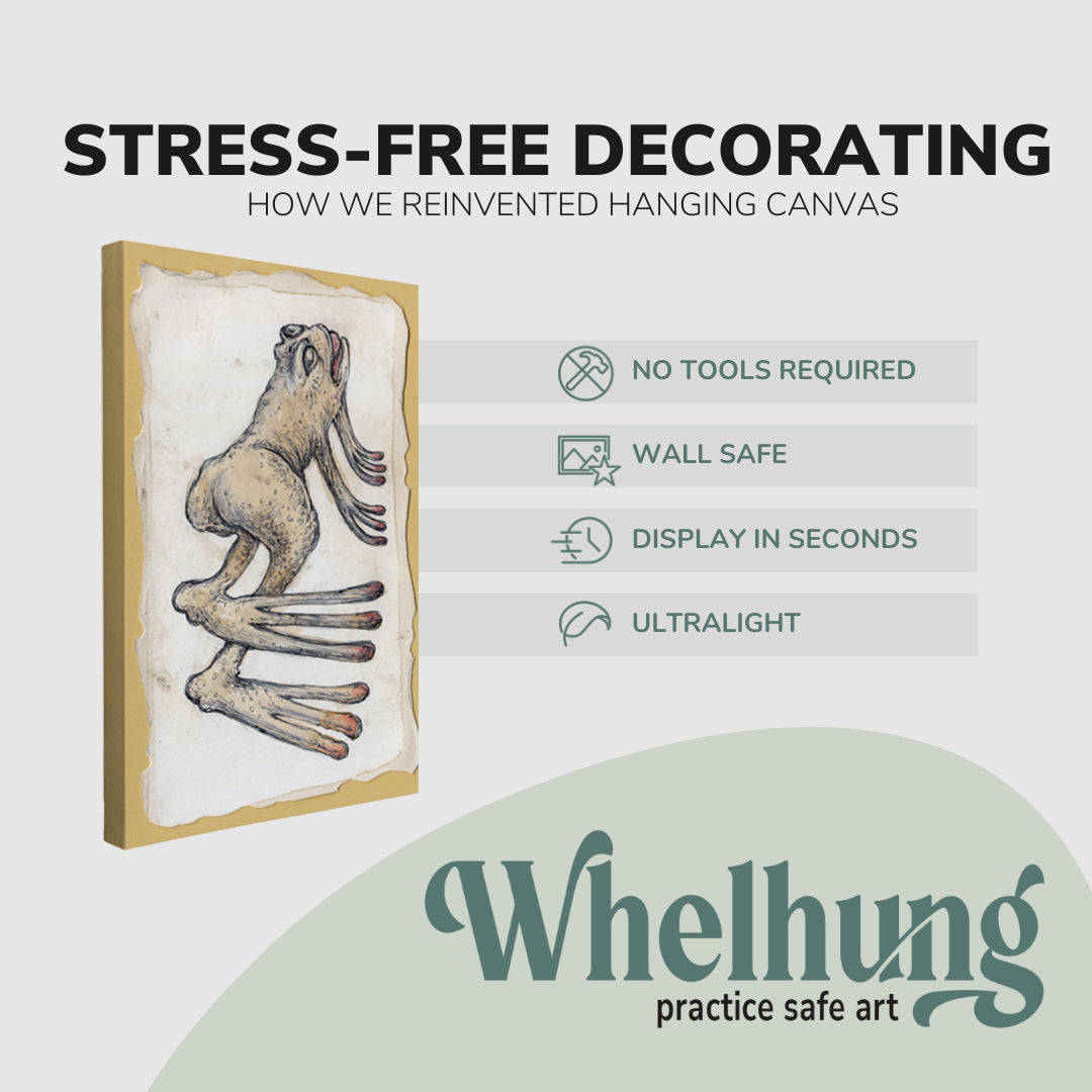 Single, 2:3 vertical easy to hang canvas print on a graphic displaying the stress-free decorating Whelhung offers, how we reinvented hanging canvas: "no tools required", "wall safe", "display in seconds" and "ultralight."
