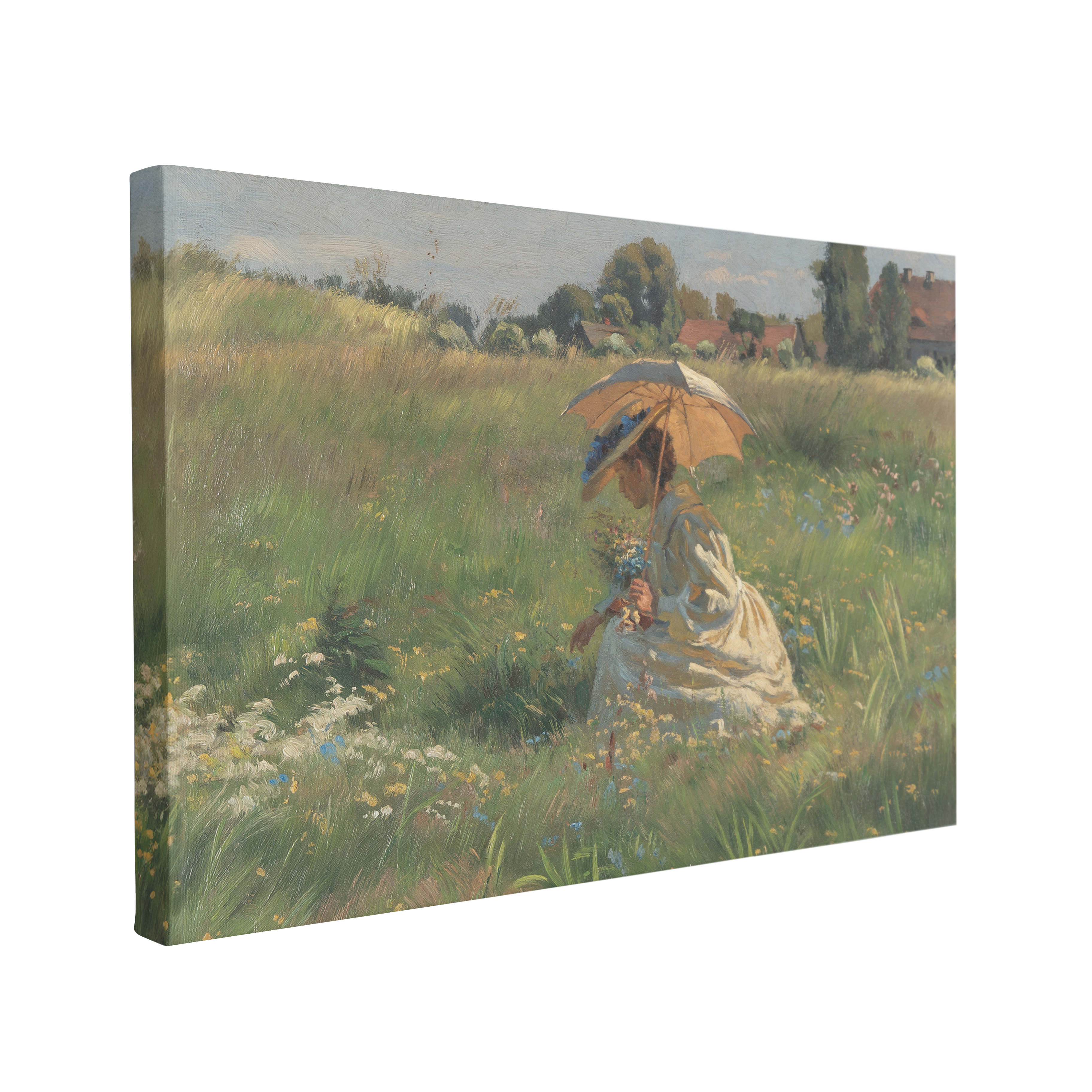 single, 2:3 horizontal easy to hang canvas print on a transparent background featuring an image of a painted woman dressed in white, bent over to pick flowers whilst holding a yellow parasol in a large beautiful green meadow overseeing the french countryside