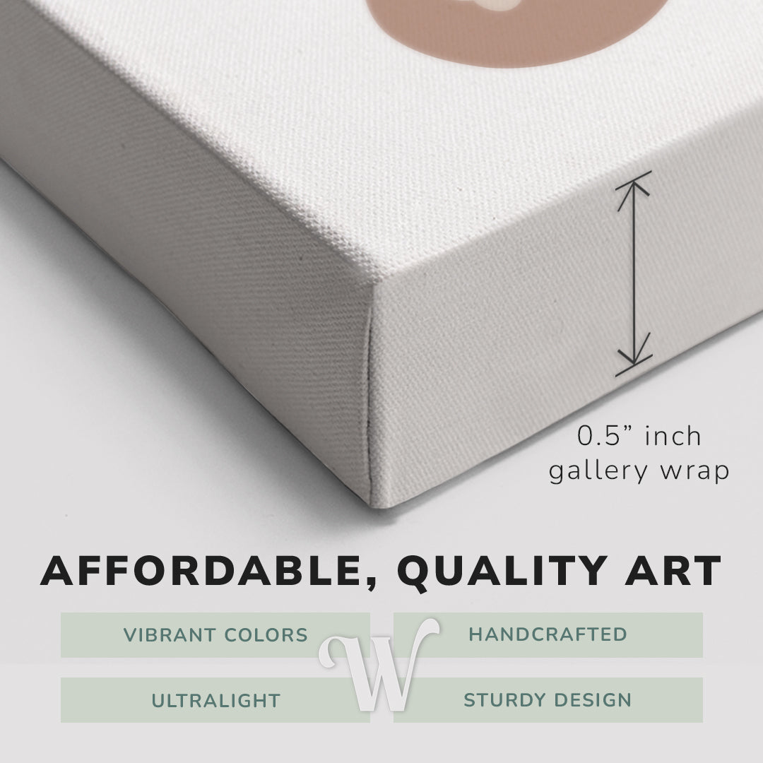 Corner shot of a Whelhung easy to hang canvas print showing the 0.5” inch gallery wrap thickness and graphic saying "Affordable, Quality Art", "Vibrant Colors", "Handcrafted", "Ultralight" and "Sturdy Design."