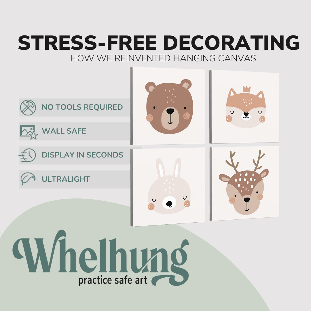 Set of 4, square easy to hang canvas prints on a graphic displaying the stress-free decorating Whelhung offers, how we reinvented hanging canvas: "no tools required", "wall safe", "display in seconds" and "ultralight."