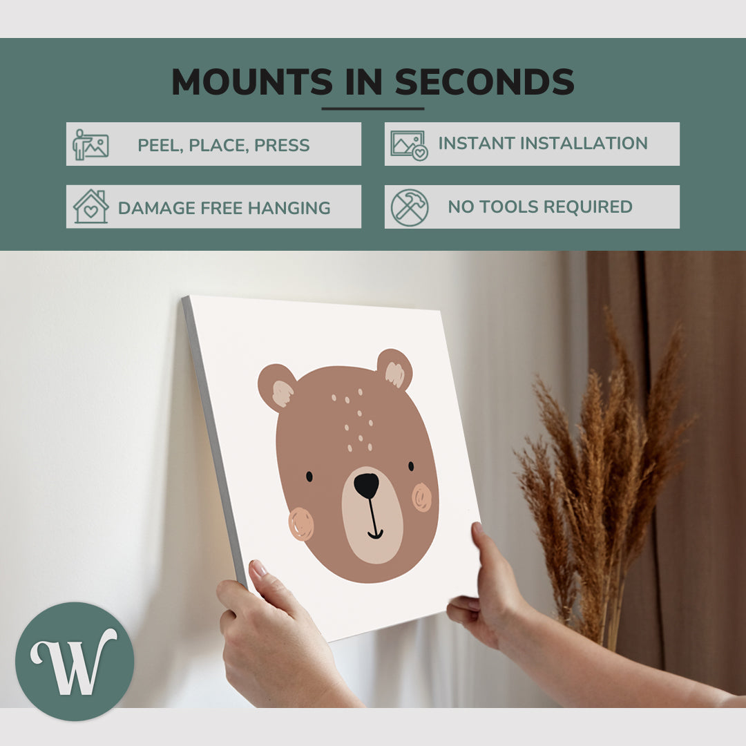 graphic showing hanging a single square, 20x20” inch easy to hang canvas showing how easy it is to hang. Mounts in seconds, "peel, place, press", "instant installation", "damage free hanging" and "no tools required."