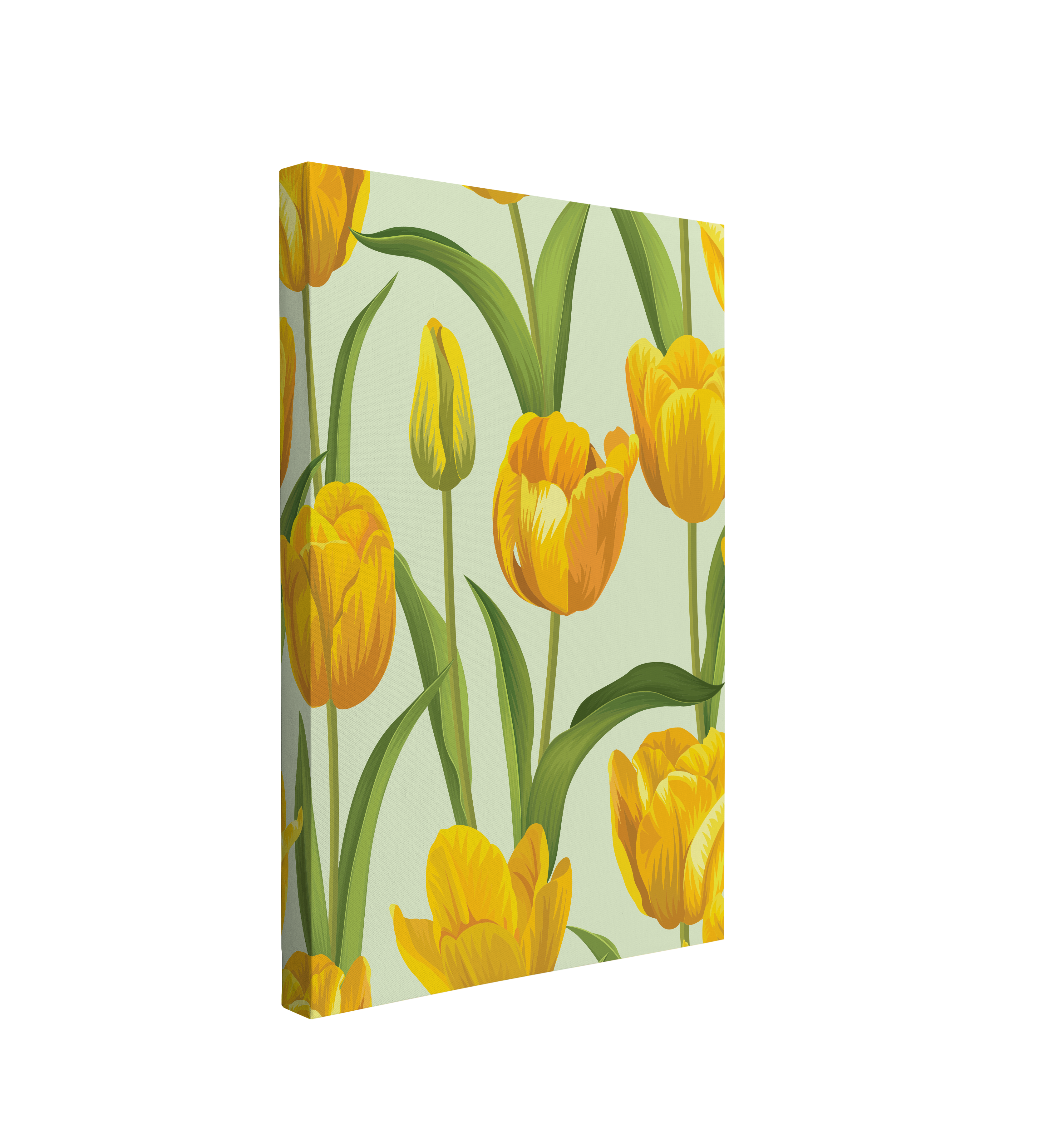 single, 2:3 vertical easy to hang canvas print on a transparent background featuring an image of a pattern of yellow graphic tulips on a light green background