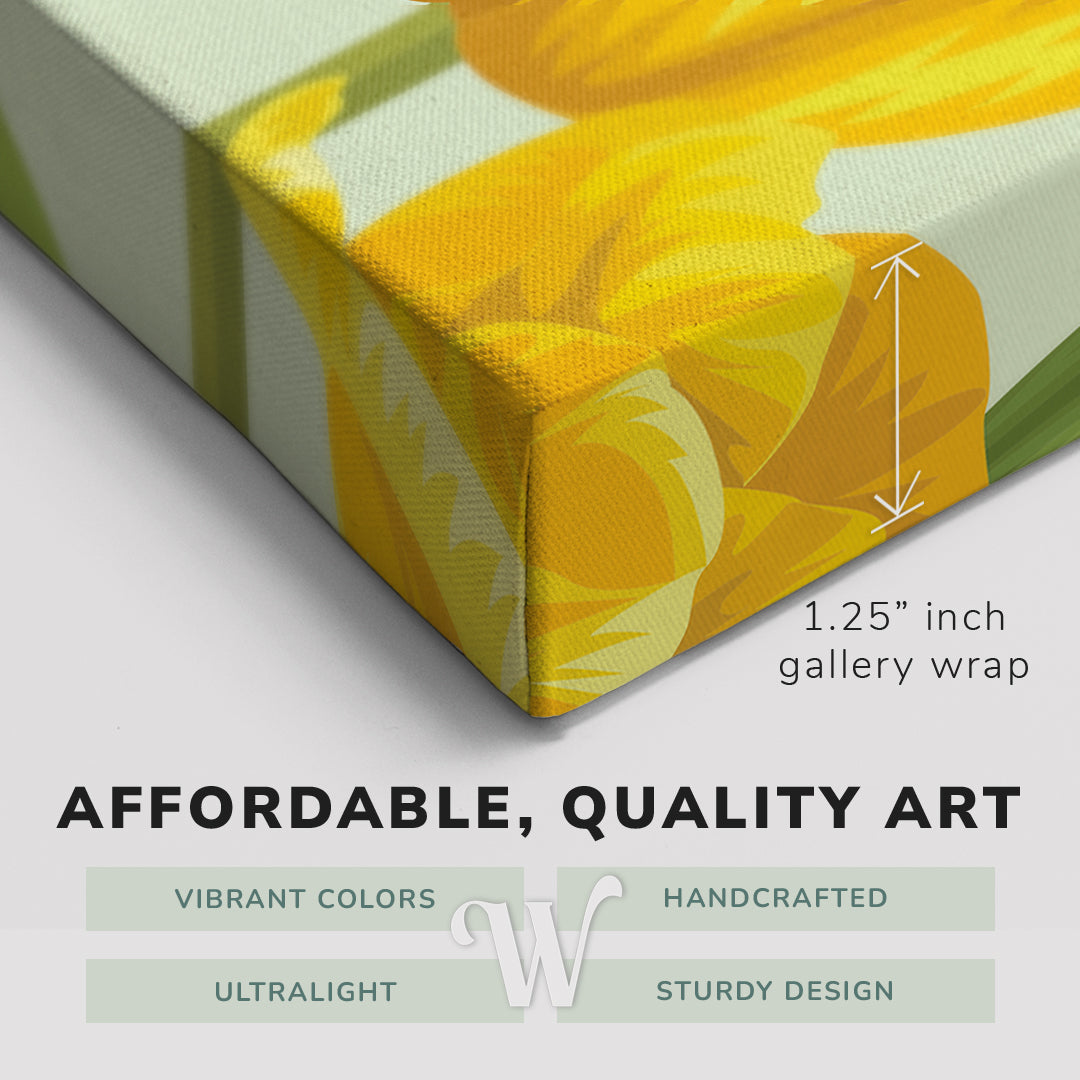Corner shot of a Whelhung easy to hang canvas print showing the 1.25" inch gallery wrap thickness and graphic saying "Affordable, Quality Art", "Vibrant Colors", "Handcrafted", "Ultralight" and "Sturdy Design."