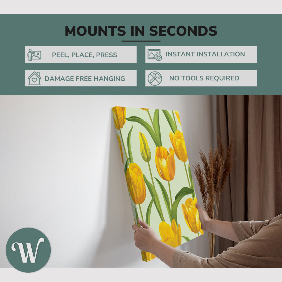 graphic showing hanging a single 2:3 vertical 20x30 inch easy to hang canvas showing how easy it is to hang. Mounts in seconds, "peel, place, press", "instant installation", "damage free hanging" and "no tools required."