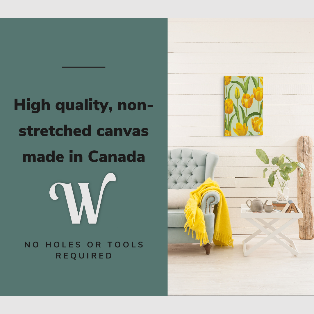 Lifestyle image of the vertical, 12x18 inch easy to hang canvas wall art hung in hung in an minimalist living room above an accent chair with a yellow blanket with graphic saying "High quality, non-stretched canvas made in Canada"