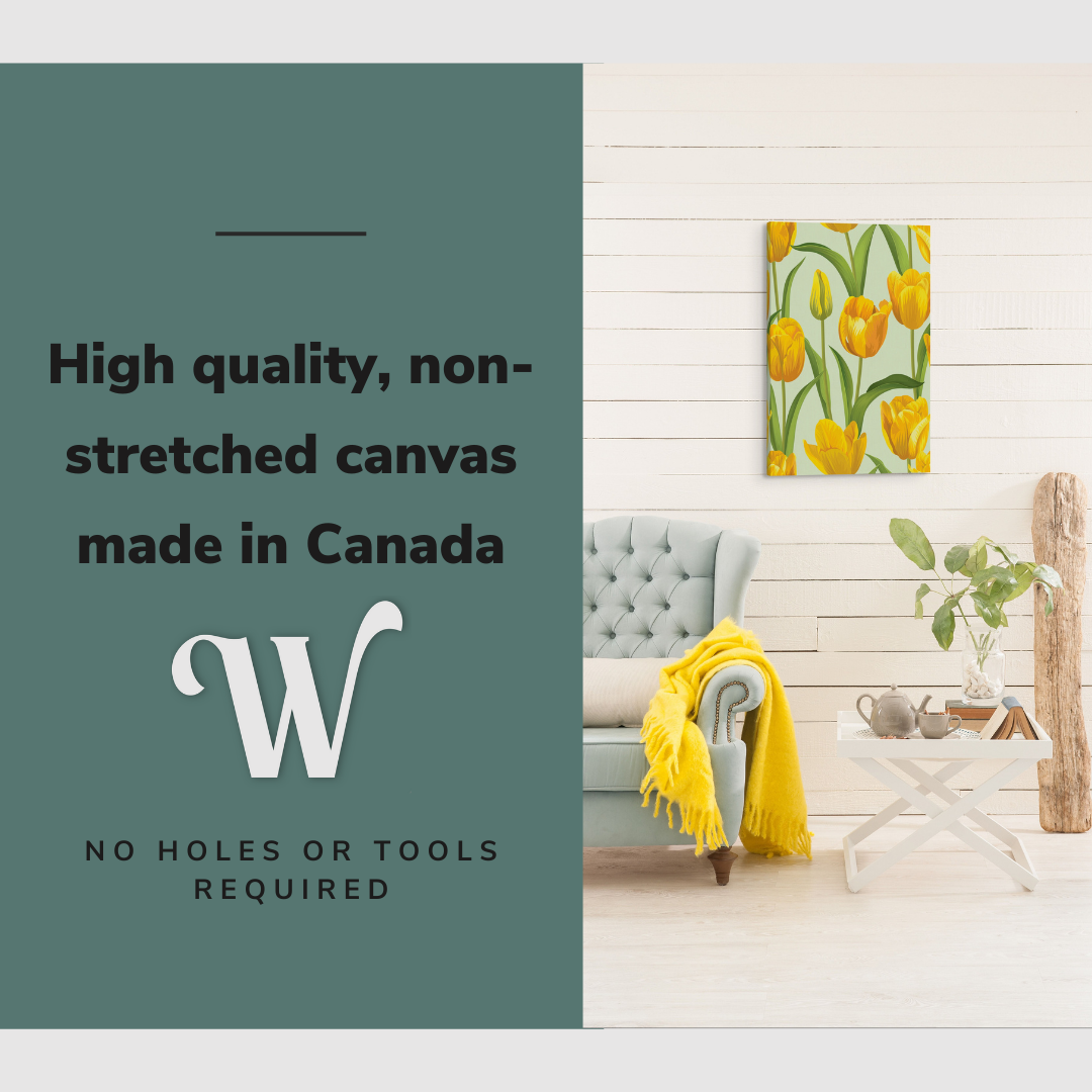 Lifestyle image of the vertical, 16x24 inch easy to hang canvas wall art hung in hung in an minimalist living room above an accent chair with a yellow blanket with graphic saying "High quality, non-stretched canvas made in Canada"