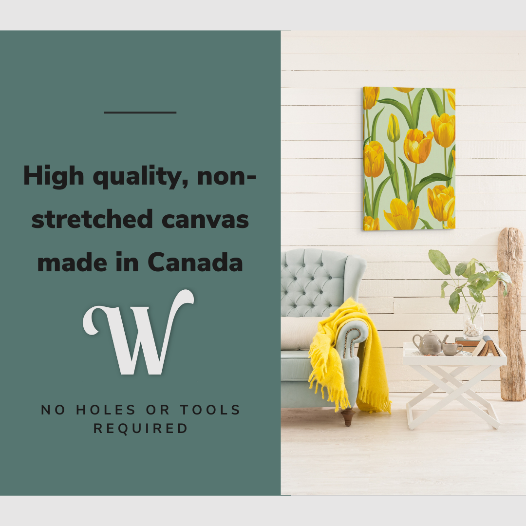 Lifestyle image of the vertical, 20x30 inch easy to hang canvas wall art hung in hung in an minimalist living room above an accent chair with a yellow blanket with graphic saying "High quality, non-stretched canvas made in Canada"
