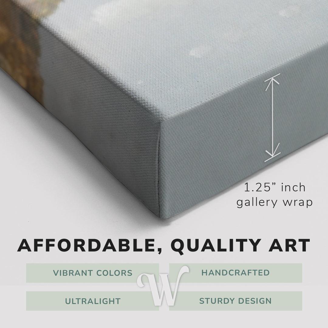 Corner shot of a Whelhung easy to hang canvas print showing the 1.25” inch gallery wrap thickness and graphic saying "Affordable, Quality Art", "Vibrant Colors", "Handcrafted", "Ultralight" and "Sturdy Design."