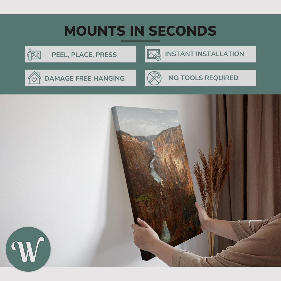 graphic showing hanging a single 2:3 vertical 20x30” inch easy to hang canvas showing how easy it is to hang. Mounts in seconds, "peel, place, press", "instant installation", "damage free hanging" and "no tools required."