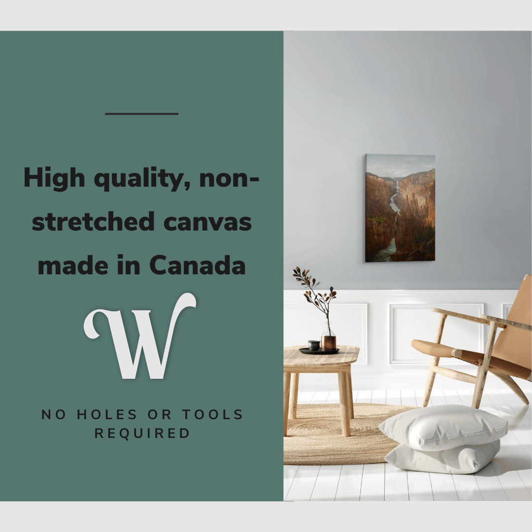 Lifestyle image of the vertical, 20x30” inch easy to hang canvas wall art hung in a living room above an accent chair with graphic saying "High quality, non-stretched canvas made in Canada"