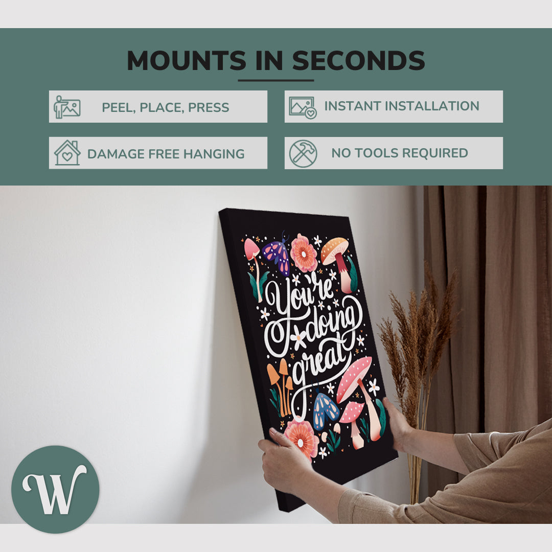 graphic showing hanging a single 2:3 vertical 20x30 inch easy to hang canvas showing how easy it is to hang. Mounts in seconds, "peel, place, press", "instant installation", "damage free hanging" and "no tools required."