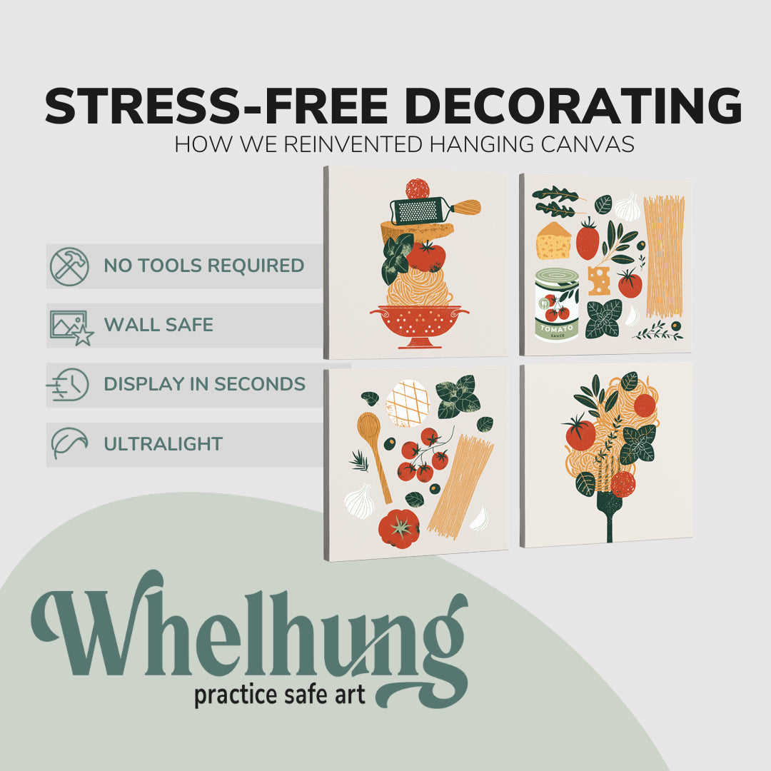 set of four, square easy to hang canvas prints on a graphic displaying the stress-free decorating Whelhung offers, how we reinvented hanging canvas: "no tools required", "wall safe", "display in seconds" and "ultralight"