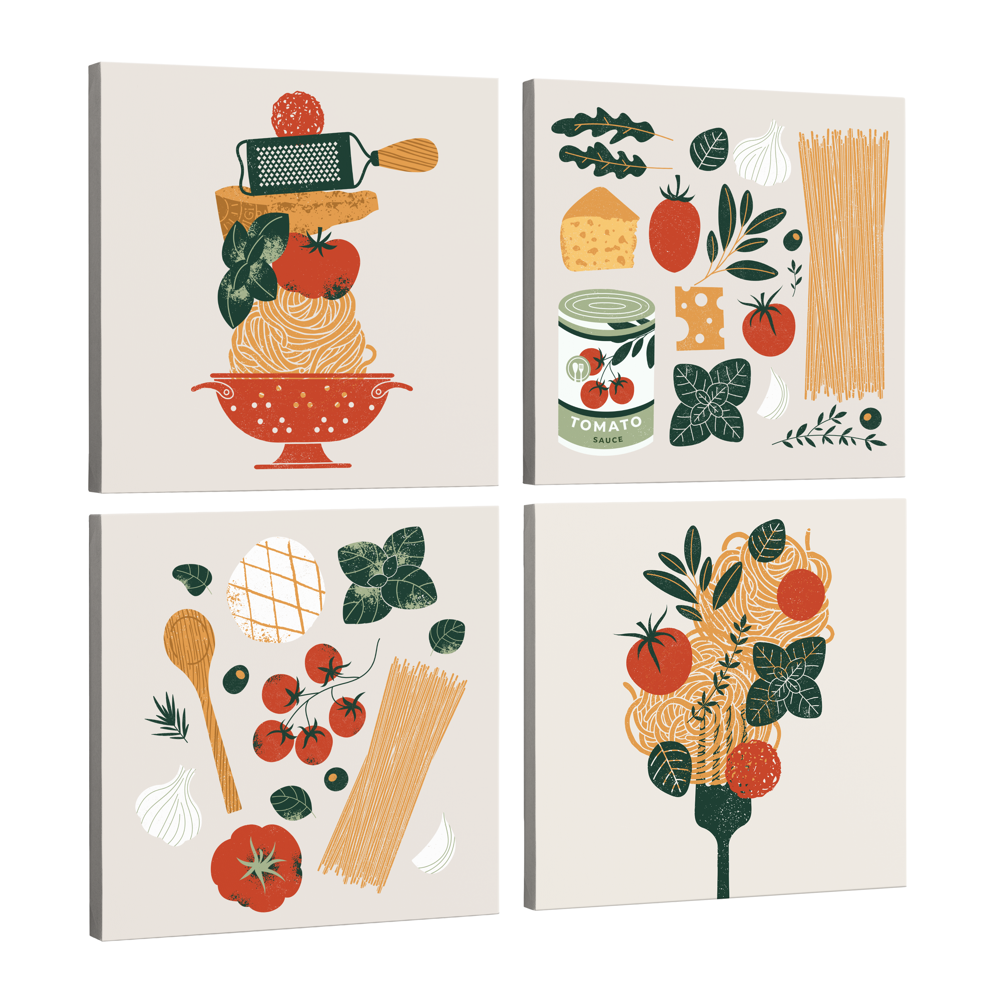 set of four, square easy to hang canvas prints on a transparent background featuring four canvases with minimalist graphics of spaghetti ingredients including tomatoes, cheese, parmesan, basil, garlic and pasta. One canvas features a red colander, one a fork. All on white backgrounds with italian colors, red and green.