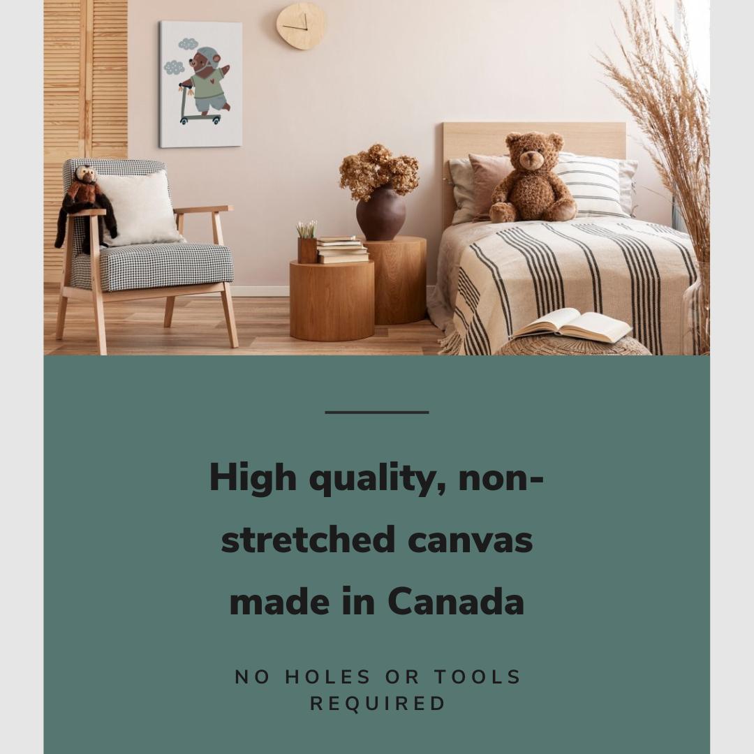 Nursery Boho Bear Scooterist - Canvas Print Gender Neutral Kids Room Wall Art Décor Whelhung