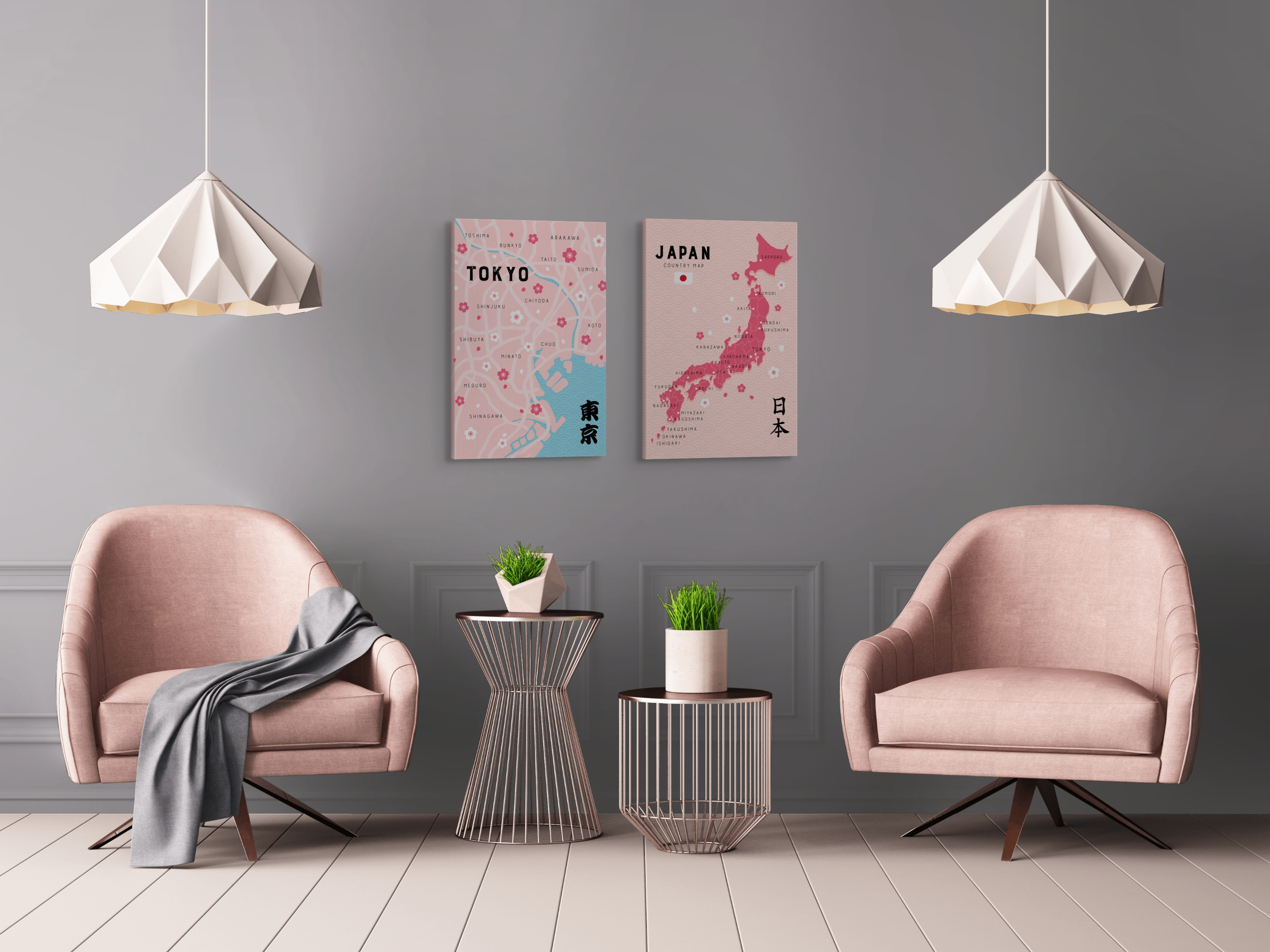 A pair of two, easy to hang 20x30" inch vertical canvas prints hung between a set of chairs in a living room. The prints feature maps of Japan and Tokyo.