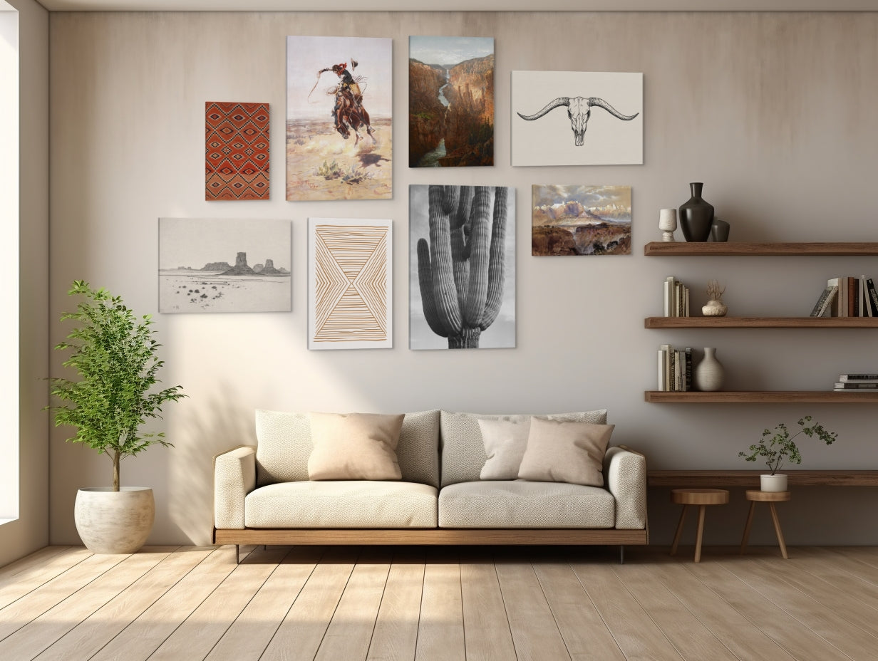 A large gallery wall of 8 easy to hang canvas prints hung above a couch in a living room. The prints are both vertical and horizontal, in many different sizes featuring western motifs, paintings and photographs.