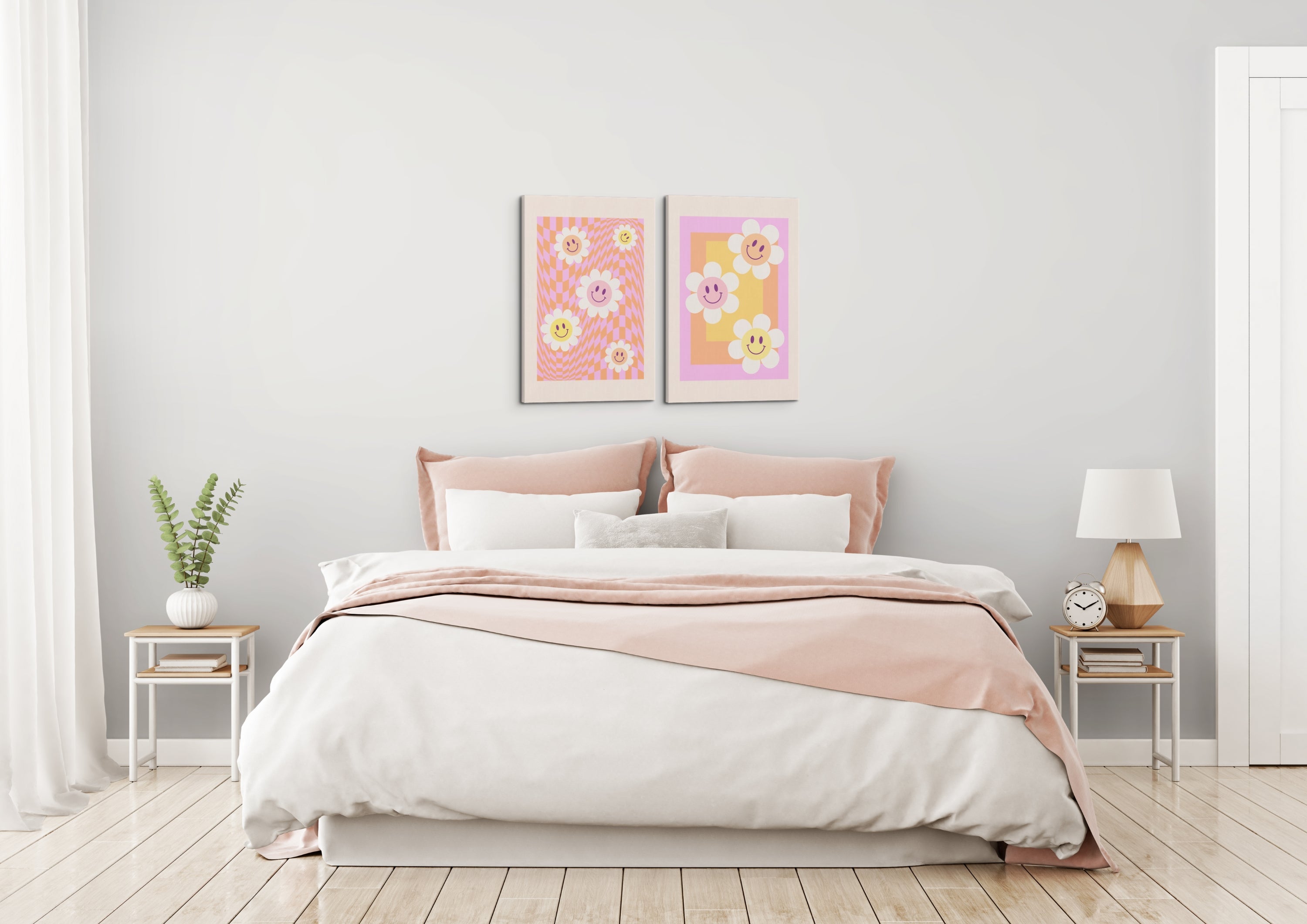 A pair of two, large vertical 20x30" inch easy to hang canvas prints, featuring Y2K styled flowers, hung above a teen's bed in a bedroom. 