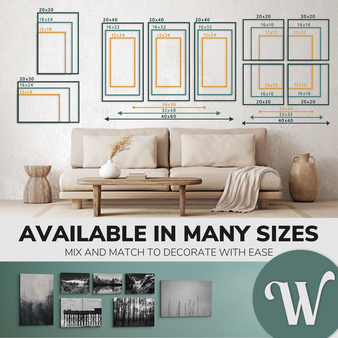 Graphic displaying the different size and ratio options of Whelhung easy to hang canvas prints hung above a couch in a living room. "Available in Many Sizes" and "Mix and match to decorate with ease." Displays 2:3 ratios 20x30, 16x24 and 12x18. Displays 1:2 ratios 20x40, 16x32 and 12x24. Displays 1:1 square ratios, 20x20, 16x16 and 12x12.