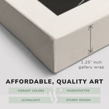 Corner shot of a Whelhung easy to hang canvas print showing the 1.25” inch gallery wrap thickness and graphic saying "Affordable, Quality Art", "Vibrant Colors", "Handcrafted", "Ultralight" and "Sturdy Design."