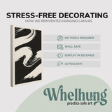 Single, 2:3 vertical easy to hang canvas print on a graphic displaying the stress-free decorating Whelhung offers, how we reinvented hanging canvas: "no tools required", "wall safe", "display in seconds" and "ultralight."