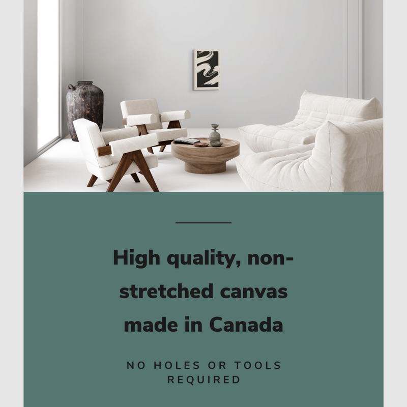 Lifestyle image of the vertical 12x18” inch easy to hang canvas wall art hung in a living room above a couch with graphic saying "High quality, non-stretched canvas made in Canada."