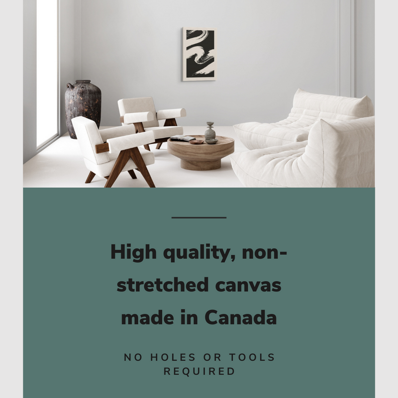 Lifestyle image of the vertical 16x24” inch easy to hang canvas wall art hung in a living room above a couch set with graphic saying "High quality, non-stretched canvas made in Canada."