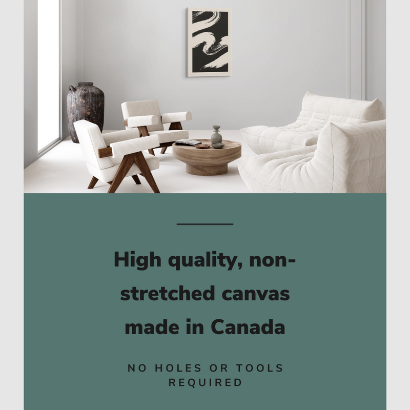 Lifestyle image of the vertical, 20x30” inch easy to hang canvas wall art hung in a living room above a couch set with graphic saying "High quality, non-stretched canvas made in Canada"