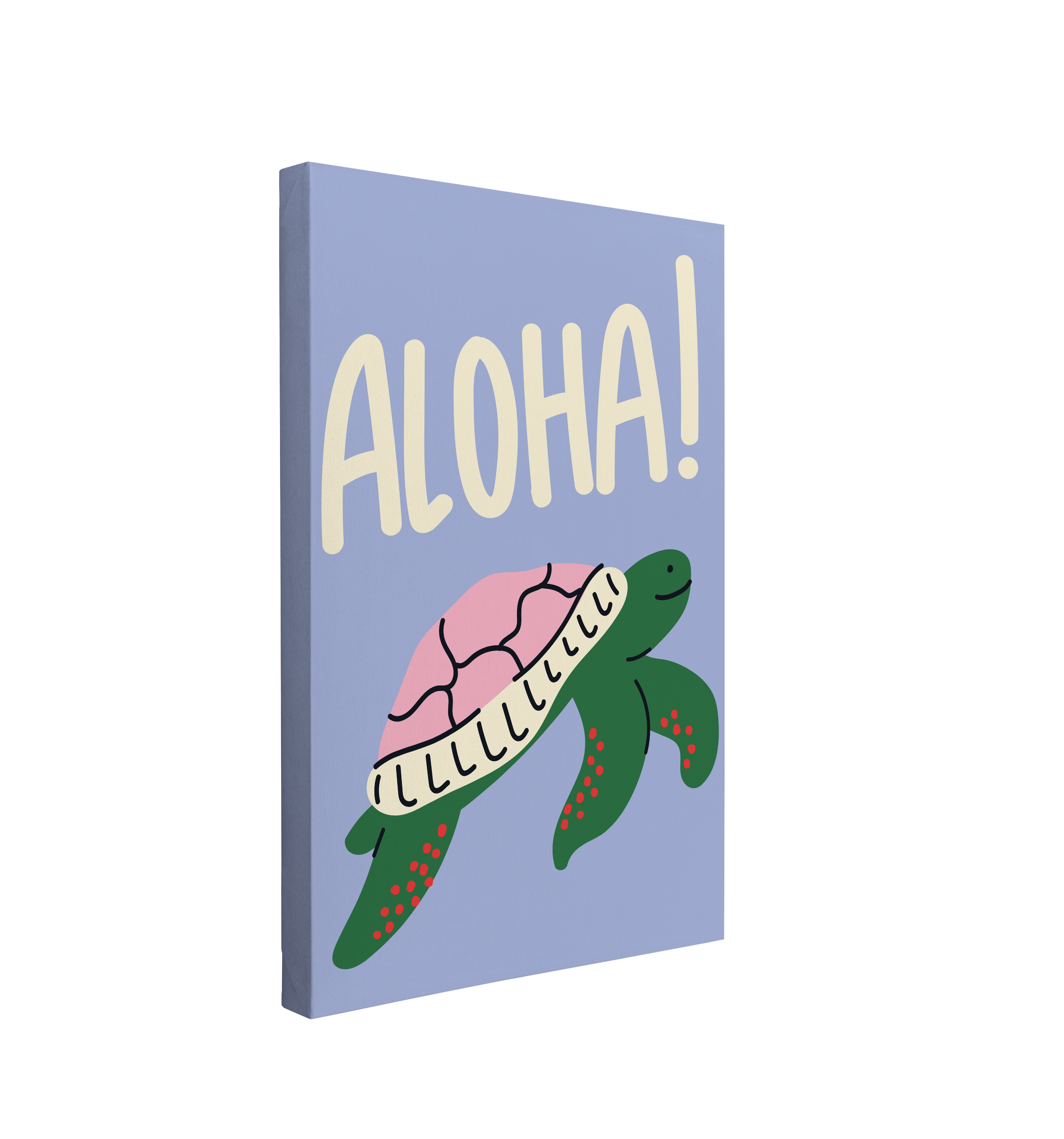 Single, 2:3 ratio vertical easy to hang canvas prints on a transparent background featuring an image of a green graphic of a cartoon turtle on a light blue/purple background with white font above the turtle saying "Aloha!"