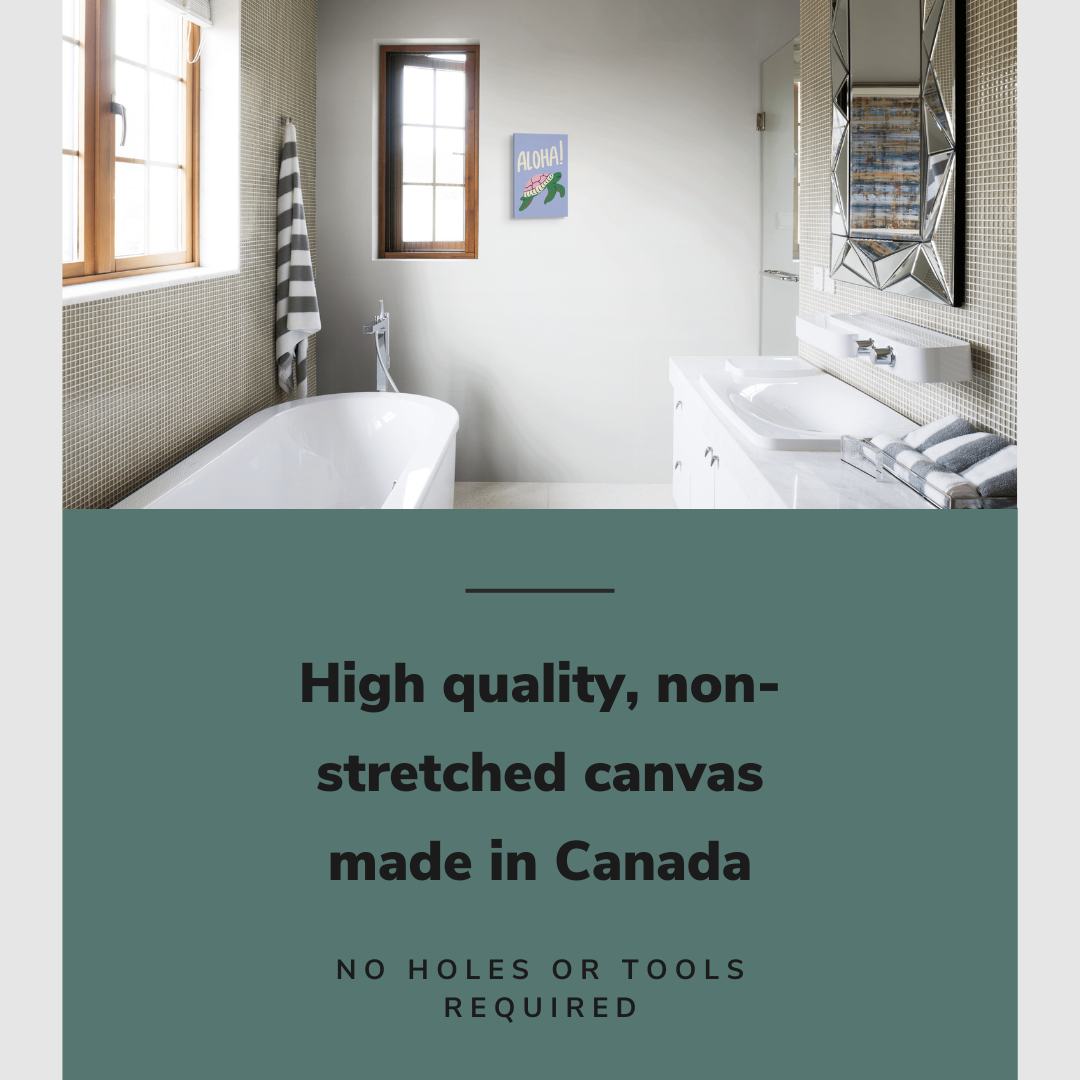 Lifestyle image of the vertical 12x18“ inch easy to hang canvas wall art hung in a bathroom above a bathtub with graphic saying "High quality, non-stretched canvas made in Canada"