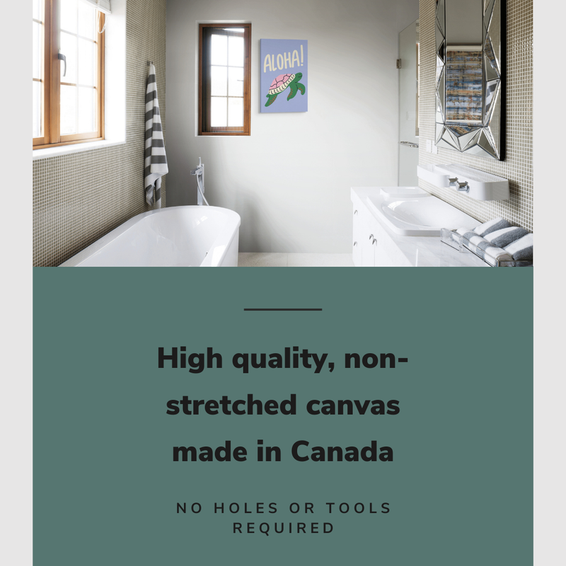 Lifestyle image of the vertical 20x30“ inch easy to hang canvas wall art hung in a bathroom above a bathtub with graphic saying "High quality, non-stretched canvas made in Canada"