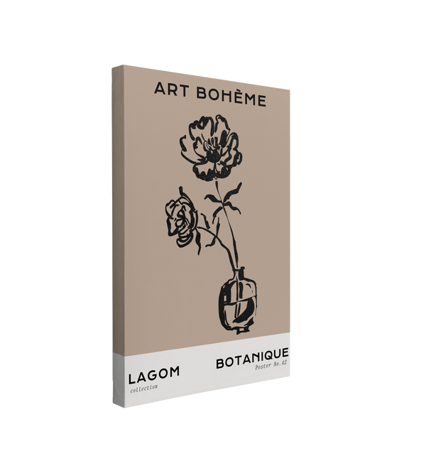 single, 2:3 vertical easy to hang canvas print on a transparent background featuring an image of a minimalist black ink drawing of two flowers in a tiny vase on a brown background with a white rectangle at the bottom. Words, "Art Bohème" at the top, "Lagom collection" on the bottom left and "Botanique Poster No. 42" on the bottom right.