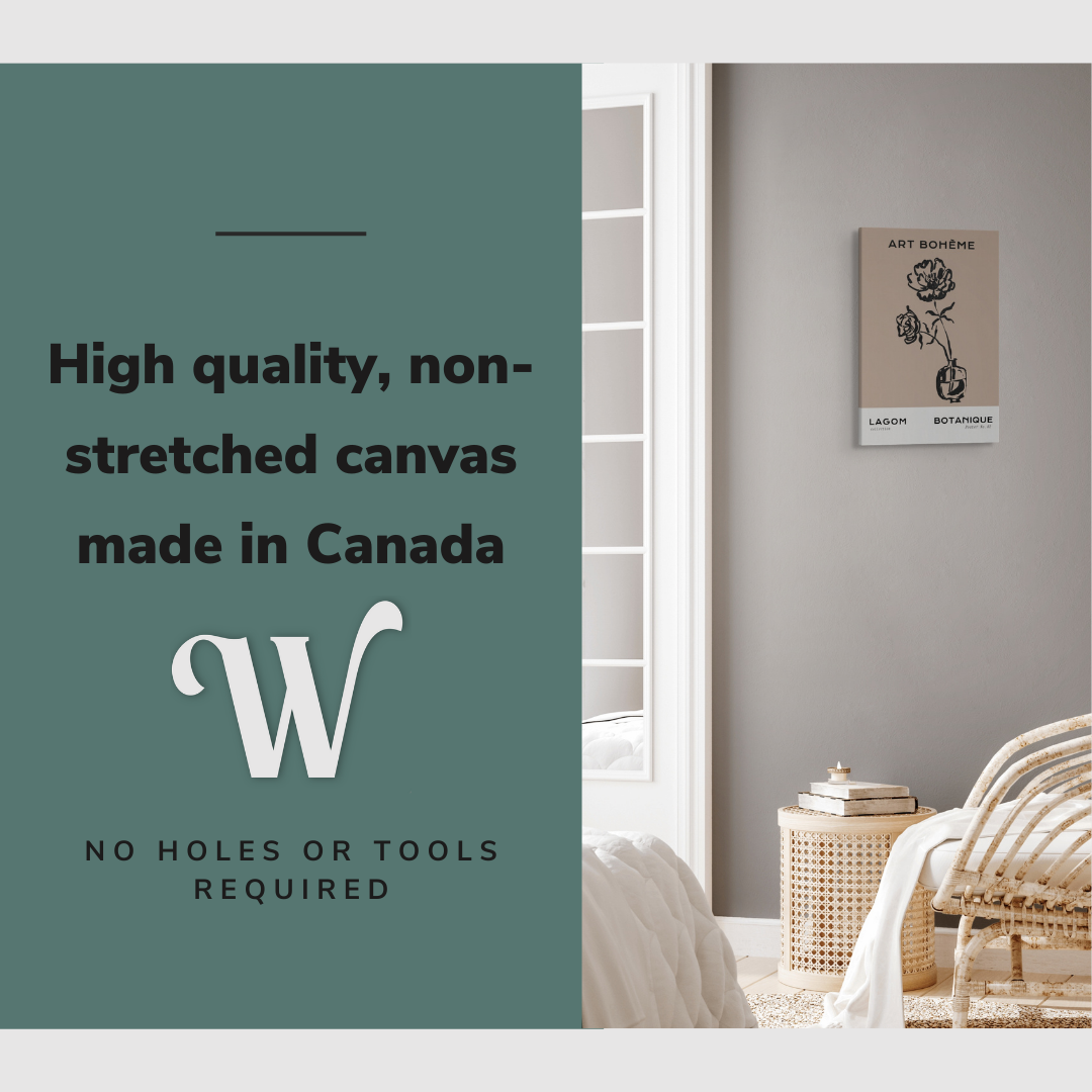 Lifestyle image of the vertical, 16x24 inch easy to hang canvas wall art hung in a bedroom above an accent chair with graphic saying "High quality, non-stretched canvas made in Canada"