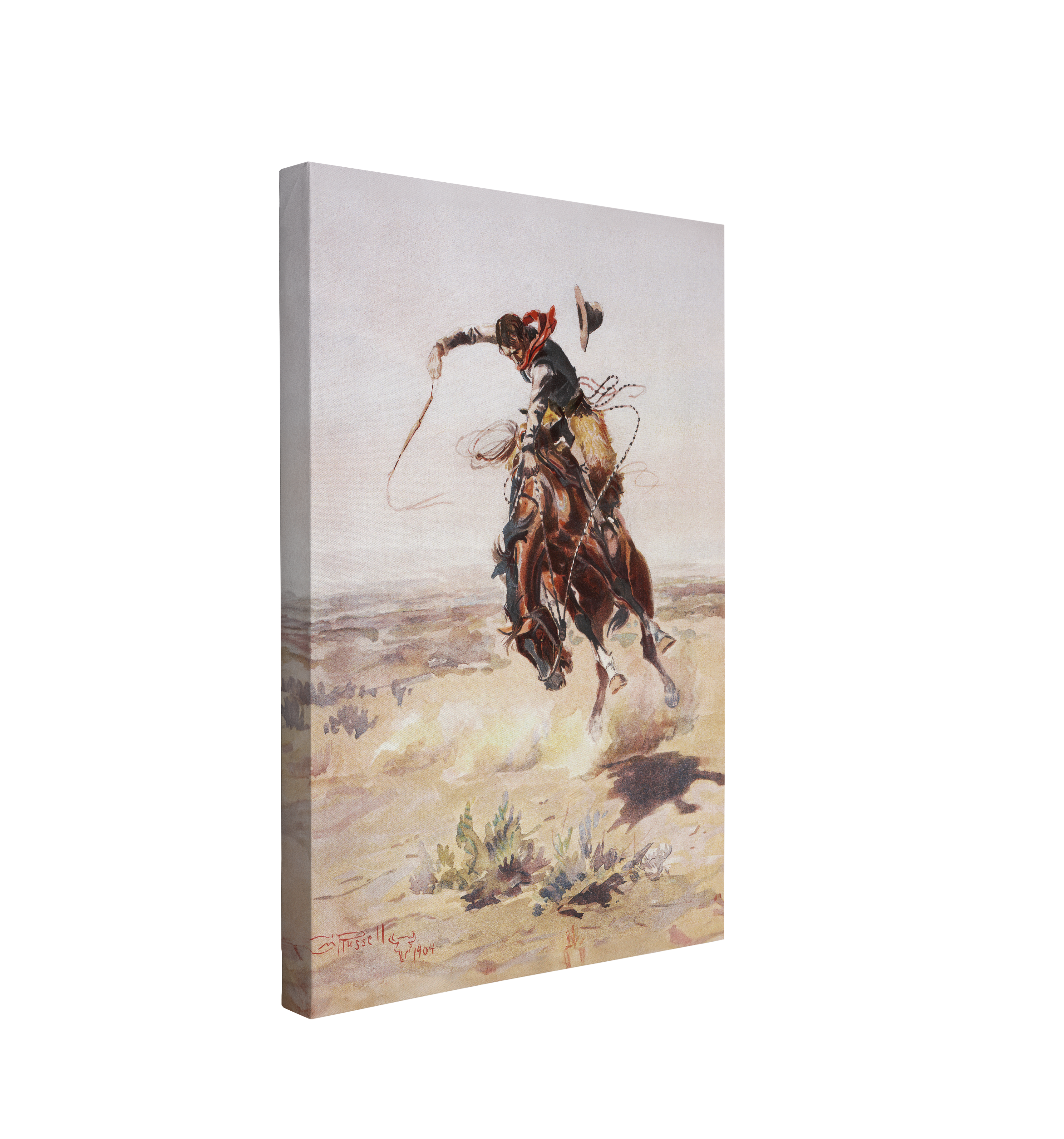 Single, 2:3 vertical easy to hang canvas print on a transparent background featuring an image of a vintage painting of a cowboy breaking in a brown horse in a desert landscape.